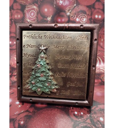 Felicitación Navideña de Chocolate Negro, “Feliz Navidad” escrito en varios idiomas, Tarjeta de chocolate de 9cm x 9cm x 1,5cm