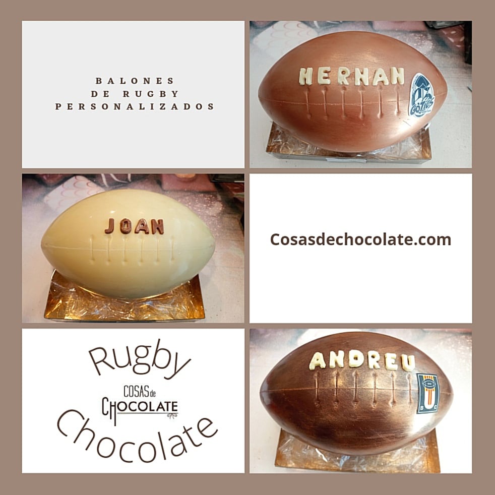 Balón de rugby a tamaño real elaborado con coberturas puras de chocolates libres de gluten. Disponible entres sabores, chocolate blanco, con leche y negro. Es un regalo de chocolate personalizado.